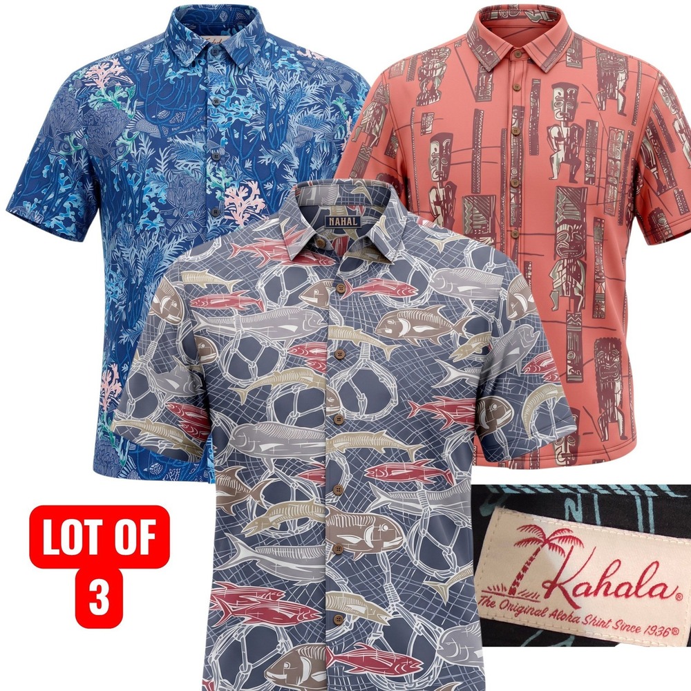 Kahala Button Down Shirt Men XL Multicolor Lot of 3 Aloha Tropical Fish Tiki